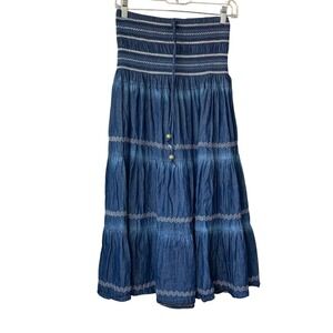 Lapis Anthropologie chambray tiered smocked embroidered maxi skirt.‎ Size S/M